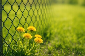 Blooming yellow dandelions behind a fence with space for text. Springtime awakening. The metal barrier represents human civilization while wildflowers embody nature's beauty. Environment theme.