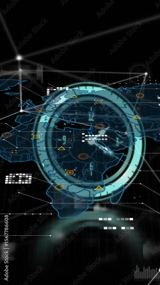 Poster animation of neon ticking clock over network of connection and data processing against world map