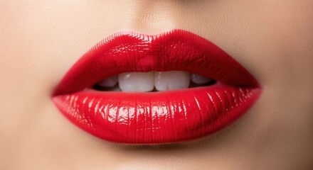 Obraz premium Woman's glossy red lips close up. Sensual mouth with bright lipstick. Beauty product advertising for cosmetic concept.