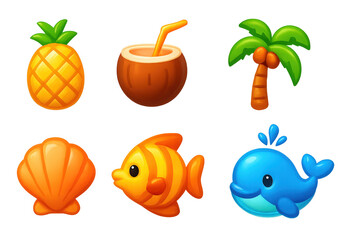 Set of six colorful tropical icons on a transparent background: pineapple, coconut, palm tree, seashell, fish, and whale. Concept of summer, vacation, sea life, and tropical fun