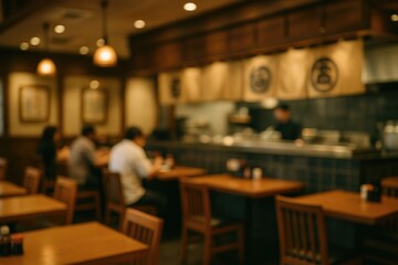 Interior design of a Japanese dining space with an out-of-focus artistic backdrop