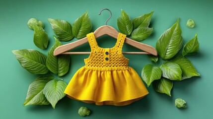 Yellow crochet dress on hanger with green leaves