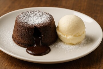 Indulge in a luscious molten chocolate cake topped with creamy vanilla ice cream, a delight for any chocolate enthusiast.