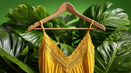 Yellow crochet top displayed among lush green leaves