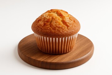 Delicious muffin on a wooden surface against a white background