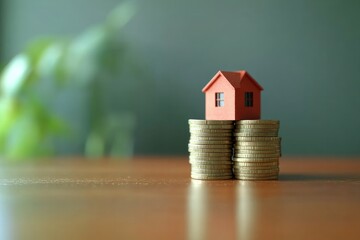 Real estate concept background. House model and coins stack on wooden table, copy space. 3d illustration , realistic design