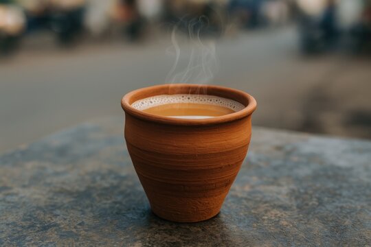 Enjoying traditional tea served in a clay cup at local street stalls