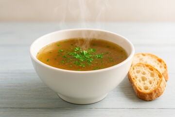 Delicious chicken broth presented on a soft blue wooden surface, close-up shot