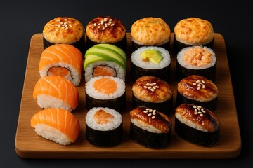 Savory Asian-inspired bites and assorted baked rolls displayed on a rustic wooden platter