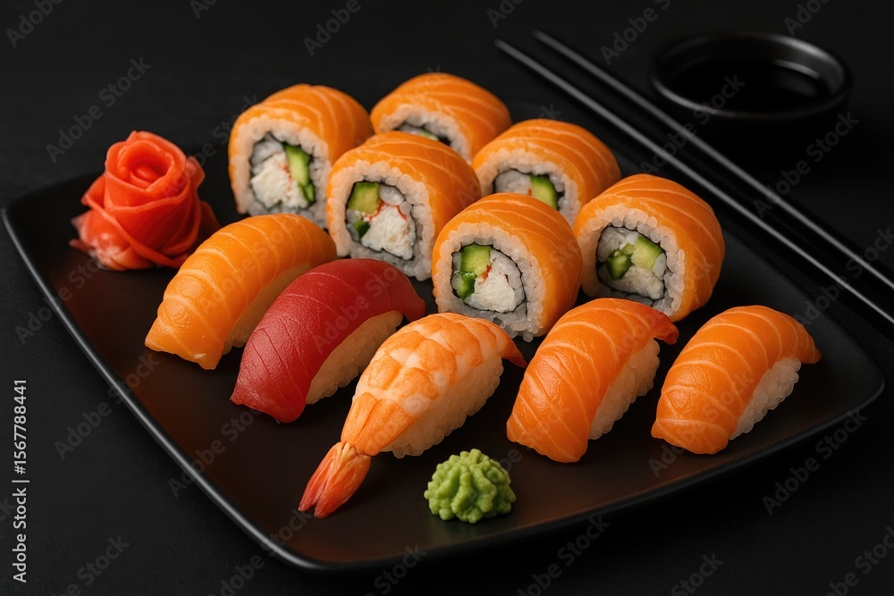Poster assorted sushi and rolls displayed on a dark surface with a blurred background