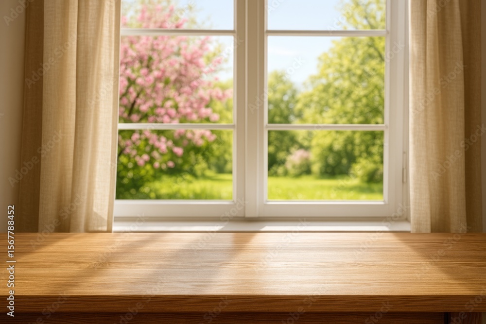 Poster blank table surface with a spring landscape visible through a window, ideal for showcasing your prod