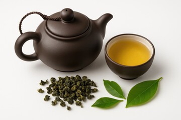 Oolong tea setup featuring a teapot and leaves on a white surface
