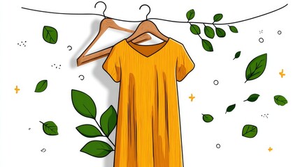 Yellow dress on hanger with leaves