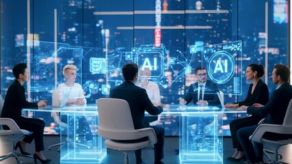 Professional team meeting in a futuristic office discussing AI innovations with a city skyline backdrop