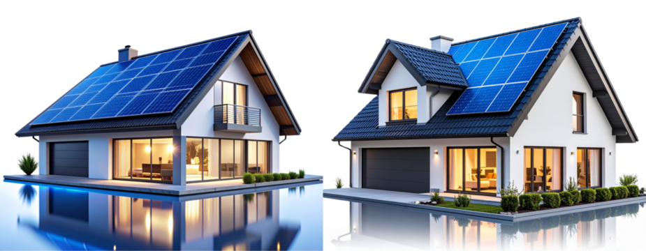  Futuristic Solar Panel House with Illuminated Roof on Reflective Surface, isolated on transparent background