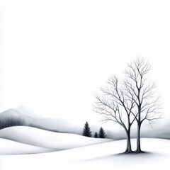 Fototapeta premium Serene Winter Landscape with Bare Trees and Snow-Covered Hills