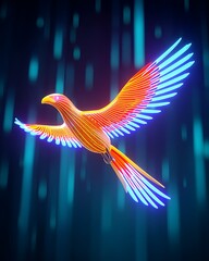 Fototapeta premium 3D futuristic phoenix flying through a digital cosmic storm with glowing wings