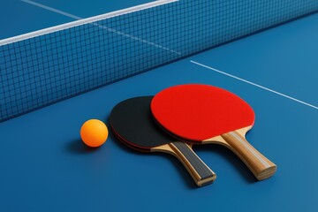 Table tennis gear set on a vibrant blue playing surface with a net grid