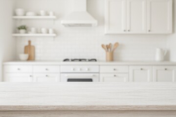 Blank white table background in a kitchen setting