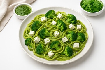 Obraz premium Delicious evening meal featuring vibrant green pasta topped with broccoli, feta, and a fragrant herb sauce on a plain white backdrop