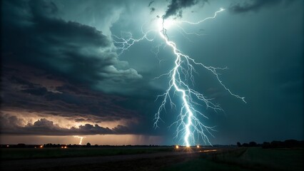  Bright lightning bolt with thunder effect. Glowing electric flash stormy sky. Perfect for dramatic, magical, or weather-themed visuals dark background.