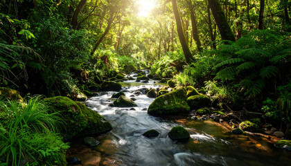Obraz premium Tranquil Stream, Katoomba Falls, Blue Mountains, NSW, Australia: Lush Ferns & Verdant Forest Documentary Photography 