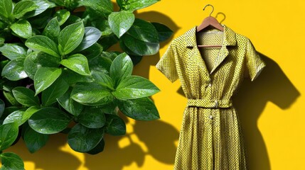 Yellow dress with green plant on bright yellow background