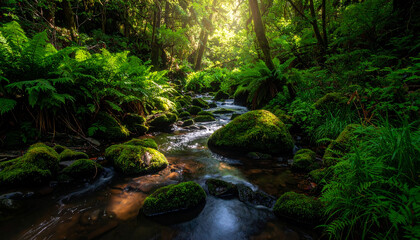 Fototapeta premium Tranquil Stream, Katoomba Falls, Blue Mountains, NSW, Australia: Lush Ferns & Verdant Forest Documentary Photography 