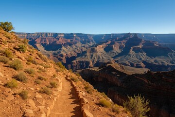Morning landscape from hiking trail in a famous canyon under a bright blue sky