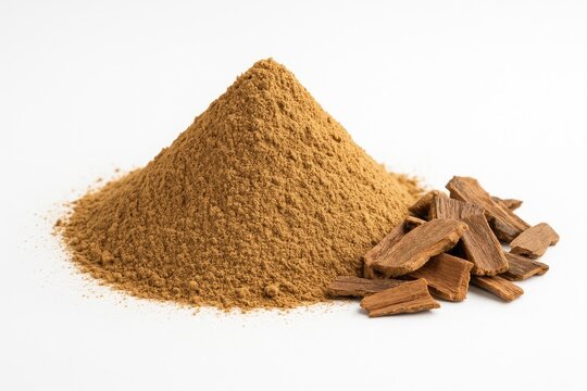 Herbal powder of Arjuna seed or Terminalia arjuna on a plain white background