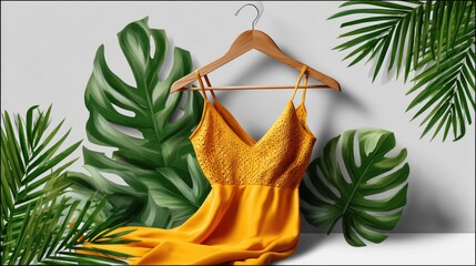 Yellow dress with tropical leaves