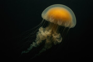 Fototapeta premium Illuminated Egg Yolk Jellyfish in the Shadowy Depths of a Coastal Sound
