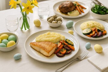 Celebrating Easter with a hearty meal of fish, creamy mashed potatoes, and roasted vegetables in natural lighting.