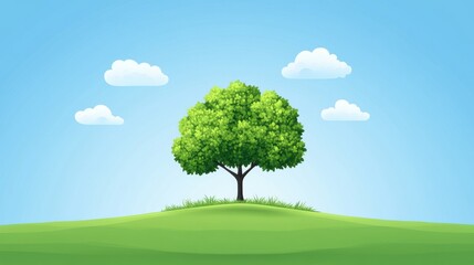 Fototapeta premium Lush Green Tree on a Rolling Hill Beneath a Bright Blue Sky with Clouds