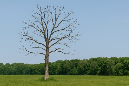 Bare branches against a lush green backdrop