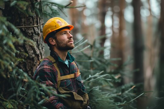 Forestry engineer wearing a safety helmet and casual clothes inspecting trees in a conifer forest