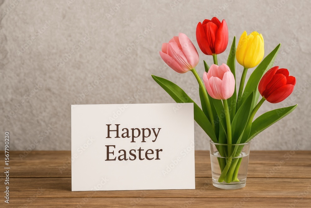 Aufkleber springtime easter card featuring a tulip bouquet and a rustic stone backdrop with room for your mess