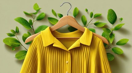 Yellow pleated blouse with green leaves