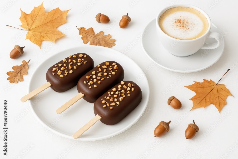 Poster high-key autumn still life featuring chocolate cake pops with nuts and a hot cappuccino on a white t