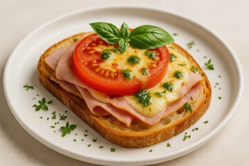 Detailed shot of a savory open sandwich topped with ham, fresh tomato slices, melted cheese, basil, and vibrant green sauce on a white dish, adorned with herbs for culinary appeal