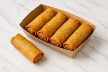 Delicious egg roll snack displayed on a pristine white marble surface