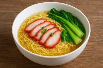 Savory egg noodle broth topped with spicy roasted pork on rustic wood surface