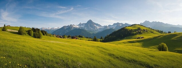 Idyllic mountain landscape in the Alps with blooming meadows in springtime