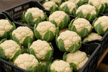 Obraz premium Vibrant fresh cauliflowers with lush green foliage displayed in boxes at a local market