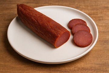 Wooden surface showcasing dry cured pork tenderloin