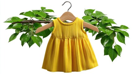 Yellow pleated childrens dress hanging on wooden hanger with green leaves