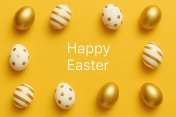 Festive Easter eggs adorned with gold on a bright yellow backdrop. Simple holiday theme. Seasonal greeting card with space for personalized message. Overhead perspective, flat composition.