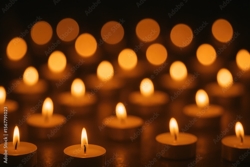 Poster soft glow of multiple candles creating a warm, blurred light effect against a dark backdrop during a