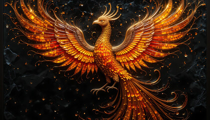 Obraz premium Majestic golden phoenix with fiery wings spread wide against a dark textured background with scattered embers