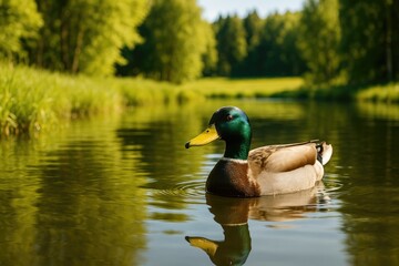 Wild duck swimming in natural water scene